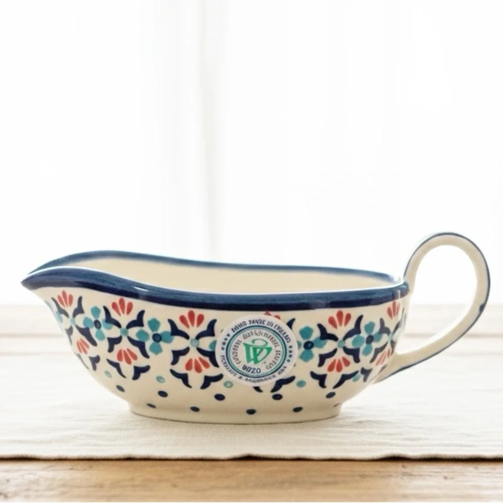 Polish Pottery Blue Off White Floral Motif Ceramika Boleslawiec Wiza Gravy Boat